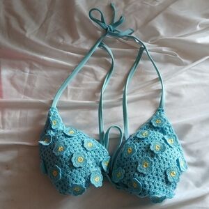 wild fable Blue and Yellow Crochet Halter Swim Top